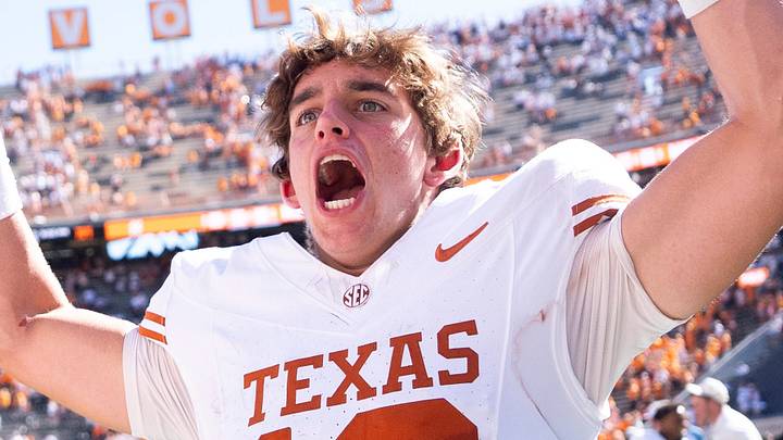 Sep 26, 2026; Knoxville, Tennessee, USA; Texas quarterback Arch Manning (16) celebrates after a college football game between Tennessee and Texas at Neyland Stadium in Knoxville, Tenn. on Sept. 26, 2026. Mandatory Credit: Brianna Paciorka-USA TODAY Network via Imagn Images