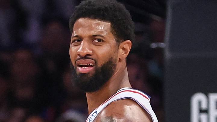 May 6, 2026; New York, New York, USA; Philadelphia 76ers forward Paul George (8) reacts after gettng called for a foul against the New York Knicks during game five of the second round of the 2026 NBA Playoffs at Madison Square Garden. Mandatory Credit: Wendell Cruz-Imagn Images