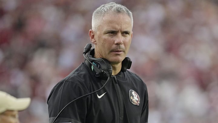 Aug 30, 2025; Tallahassee, Florida, USA; Florida State Seminoles head coach Mike Norvell reacts after a play against the Alabama Crimson Tide during the second half at Doak S. Campbell Stadium. Mandatory Credit: Melina Myers-Imagn Images