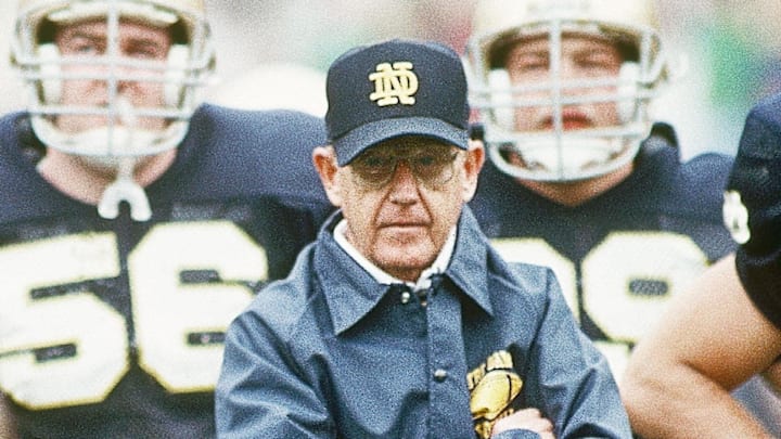 Jan 2, 1989; Tempe, AZ, USA; FILE PHOTO; Notre Dame Irish head coach Lou Holtz on the sidelines against the West Virginia Mountaineers during the 1989 National Championship Fiesta Bowl at Sun Devil Stadium. Notre Dame defeated West Virginia 34-21.
