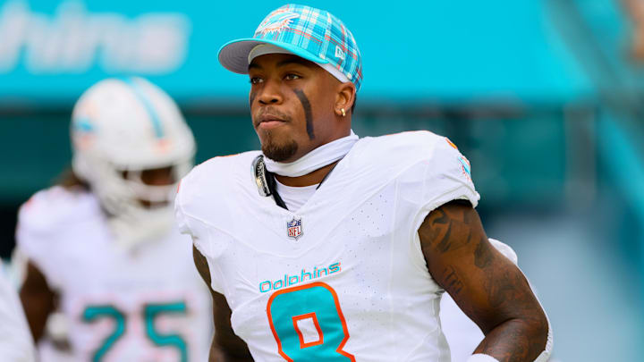 Oct 27, 2024; Miami Gardens, Florida, USA; Miami Dolphins safety Jevon Holland (8) enters the field before the game against the Arizona Cardinals at Hard Rock Stadium. Mandatory Credit: Sam Navarro-Imagn Images