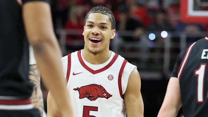 Arkansas Razorbacks guard Darius Acuff Jr (5) celebrates during the second half against the South Carolina Gamecocks at Bud Walton Arena in Fayetteville, Ark.