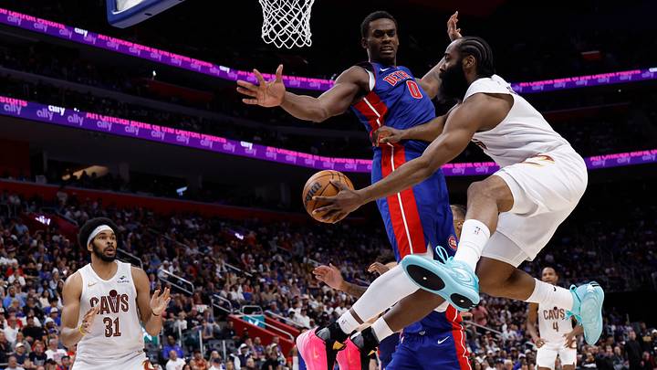 May 17, 2026; Detroit, Michigan, USA; Cleveland Cavaliers guard James Harden (1) passes around Detroit Pistons center Jalen Duren (0) to center Jarrett Allen (31) in the first half during game seven of the second round of the 2026 NBA Playoffs at Little Caesars Arena. Mandatory Credit: Rick Osentoski-Imagn Images May 17, 2026; Detroit, Michigan, USA; Cleveland Cavaliers guard James Harden (1) passes around Detroit Pistons center Jalen Duren (0) to center Jarrett Allen (31) in the first half during game seven of the second round of the 2026 NBA Playoffs at Little Caesars Arena. Mandatory Credit: Rick Osentoski-Imagn Images