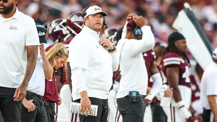 Mississippi State Bulldogs head coach Jeff Lebby looks on against the Alcorn State Braves during the second half at Davis Wade Stadium at Scott Field. Mississippi State Bulldogs head coach Jeff Lebby looks on against the Alcorn State Braves during the second half at Davis Wade Stadium at Scott Field.