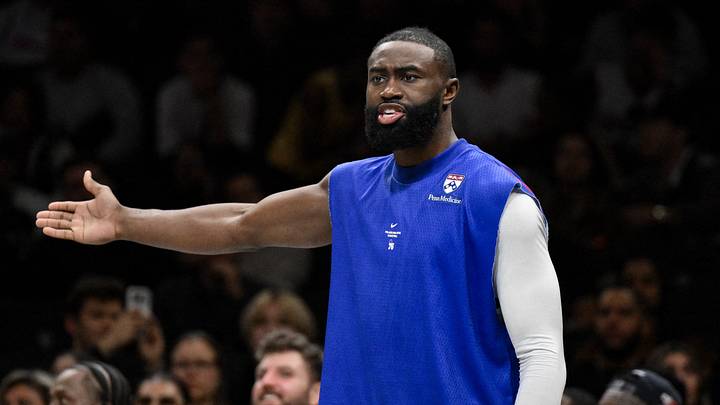 Oct 8, 2026; Brooklyn, New York, USA;  Philadelphia 76ers guard Jaylen Brown (7) reacts from the bench during the second half against the Brooklyn Nets at Barclays Center.  