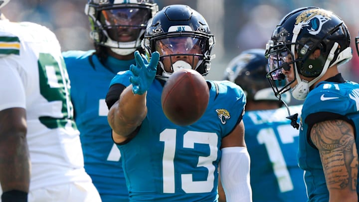Jacksonville Jaguars wide receiver Christian Kirk (13) signals a first down during the third quarter of an NFL football matchup Sunday, Oct. 27, 2024 at EverBank Stadium in Jacksonville, Fla. The Packers edged the Jaguars 30-27 on a last-second field goal. [Corey Perrine/Florida Times-Union]