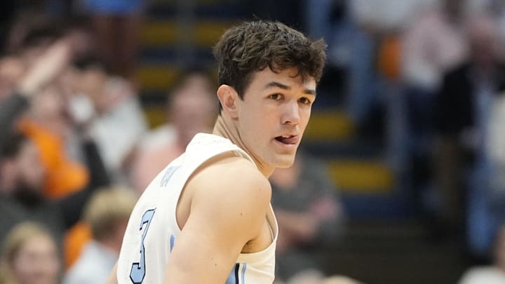 North Carolina Tar Heels guard Cormac Ryan (3) reacts in the first half at Dean E. Smith Center on November 29, 2023.