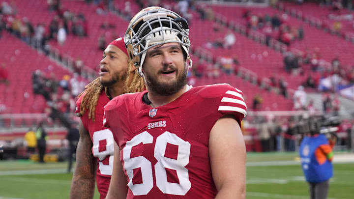 Dec 10, 2023; Santa Clara, California, USA; San Francisco 49ers offensive tackle Colton McKivitz (68) walks off of the field after defeating the Seattle Seahawks at Levi's Stadium. Mandatory Credit: Darren Yamashita-Imagn Images