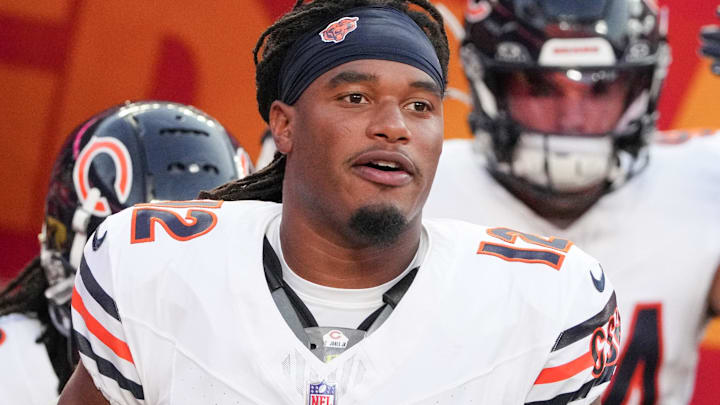 Aug 22, 2024; Kansas City, Missouri, USA; Chicago Bears wide receiver Velus Jones Jr. (12) runs onto the field against the Kansas City Chiefs prior to a game at GEHA Field at Arrowhead Stadium. 