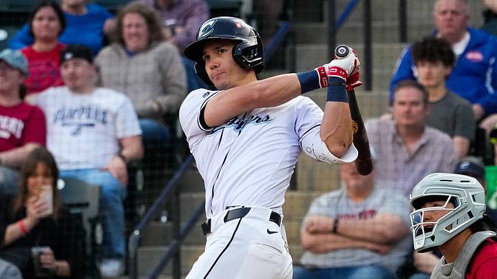 Columbus Clippers Stuart Fairchild (7) watches the ball he hit during the home opener against the Indianapolis Indians at Huntington Park on Tuesday, March 31, 2026 in Columbus, Ohio. Columbus Clippers Stuart Fairchild (7) watches the ball he hit during the home opener against the Indianapolis Indians at Huntington Park on Tuesday, March 31, 2026 in Columbus, Ohio.