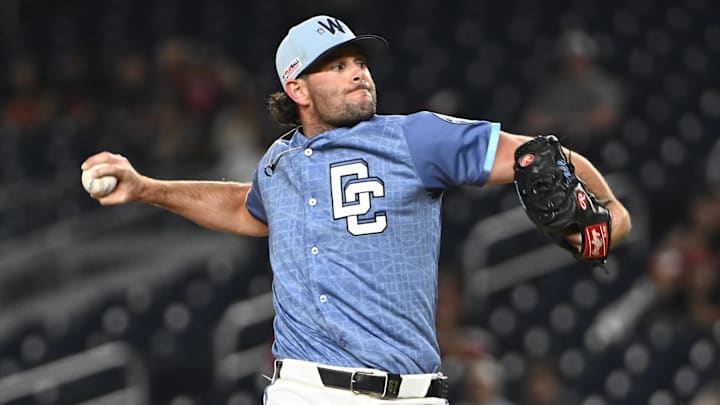 Jun 13, 2025; Washington, District of Columbia, USA; Washington Nationals relief pitcher Kyle Finnegan (67) throws to the Miami Marlins during the ninth inning at Nationals Park. Jun 13, 2025; Washington, District of Columbia, USA; Washington Nationals relief pitcher Kyle Finnegan (67) throws to the Miami Marlins during the ninth inning at Nationals Park.