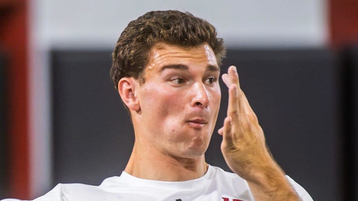 Fernando Mendoza participates in Indiana University's Pro Day at Mellencamp Pavilion on Wednesday, April 1, 2026.