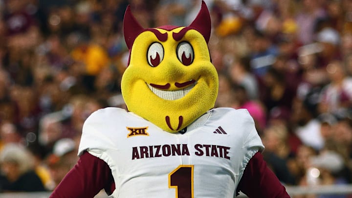 Sep 6, 2025; Starkville, Mississippi, USA; Arizona State Sun Devils mascot Sparky looks on during the first quarter against the Mississippi State Bulldogs at Davis Wade Stadium at Scott Field. Mandatory Credit: Petre Thomas-Imagn Images