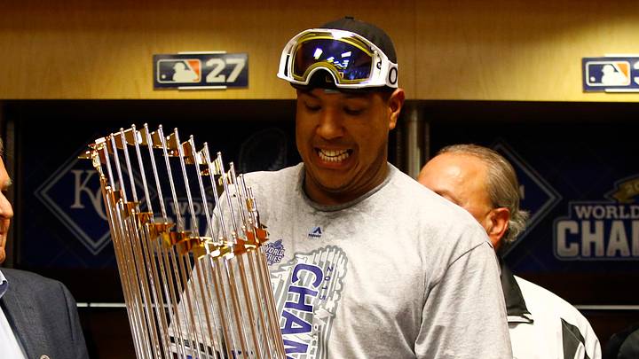 Kansas City Royals catcher Salvador Perez with the World Series Trophy after beating the New York Mets at Citi Field. Kansas City Royals catcher Salvador Perez with the World Series Trophy after beating the New York Mets at Citi Field.