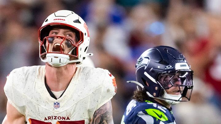 Arizona Cardinals tight end Trey McBride reacts against the Seattle Seahawks.