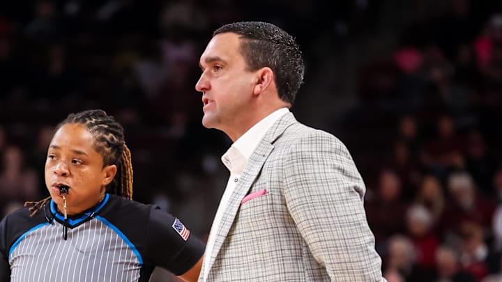 Mississippi State Bulldogs head coach Sam Purcell disputes a call against the South Carolina Gamecocks in the first half at Colonial Life Arena.