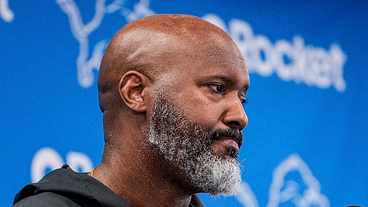 Detroit Lions general manager Brad Holmes speaks during media availability at Allen Park Performance Center