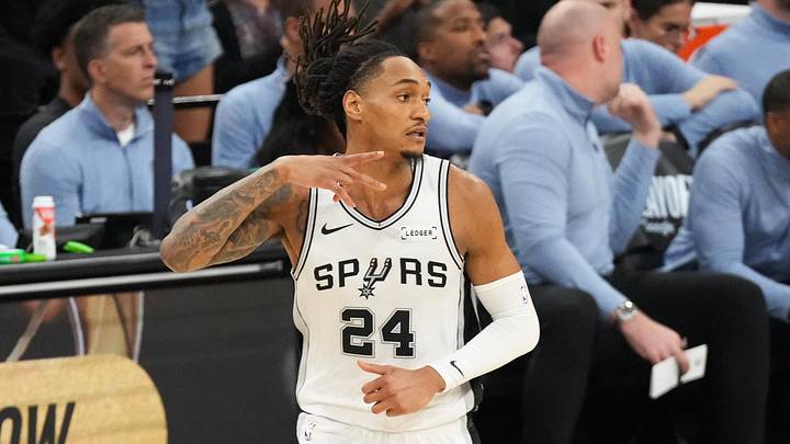 May 24, 2026; San Antonio, Texas, USA; San Antonio Spurs guard Devin Vassell (24) reacts in the first quarter against the Oklahoma City Thunder during game four of the western conference finals for the 2026 NBA playoffs at Frost Bank Center. Mandatory Credit: Scott Wachter-Imagn Images