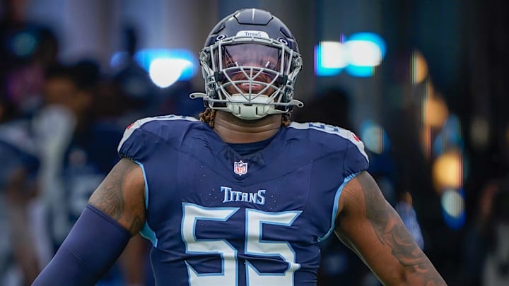 Tennessee Titans offensive tackle JC Latham (55) enters the field before the Titans play the Bengals at Nissan Stadium in Nashville, Tenn., Sunday, Dec. 15, 2024. Tennessee Titans offensive tackle JC Latham (55) enters the field before the Titans play the Bengals at Nissan Stadium in Nashville, Tenn., Sunday, Dec. 15, 2024.