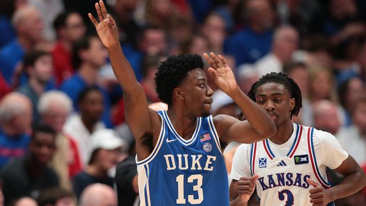 Duke Blue Devils guard John Blackwell (13) reacts after scoring a three point shot against Kansas Jayhawks during the exhibition game inside Allen Fieldhouse in Lawrence, Kansas on Oct. 25, 2026. Duke Blue Devils guard John Blackwell (13) reacts after scoring a three point shot against Kansas Jayhawks during the exhibition game inside Allen Fieldhouse in Lawrence, Kansas on Oct. 25, 2026.