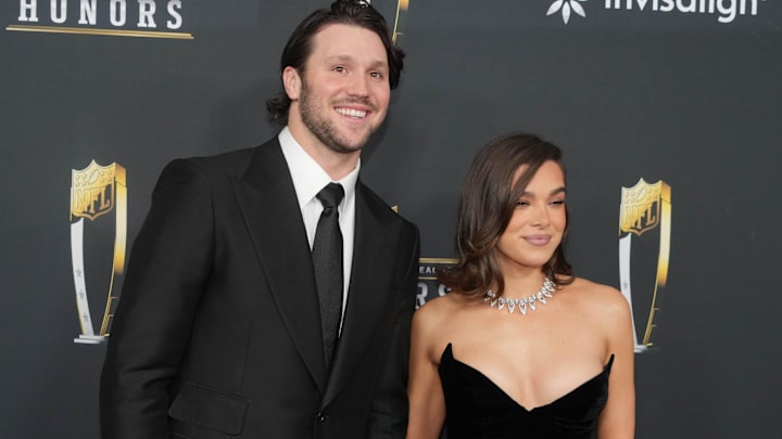 Josh Allen and Hailee Steinfeld on the red carpet before Super Bowl LIX NFL Honors at Saenger Theatre.