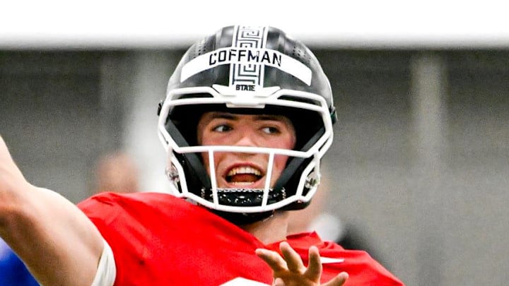 Michigan State's Kayd Coffman throws a pass during spring football practice on Tuesday, April 14, 2026, in East Lansing.