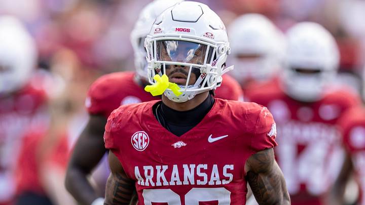 Arkansas Razorbacks defensive back Caleb Wooden (22) looks on against the LSU Tigers during the first half at Tiger Stadium. Arkansas Razorbacks defensive back Caleb Wooden (22) looks on against the LSU Tigers during the first half at Tiger Stadium.