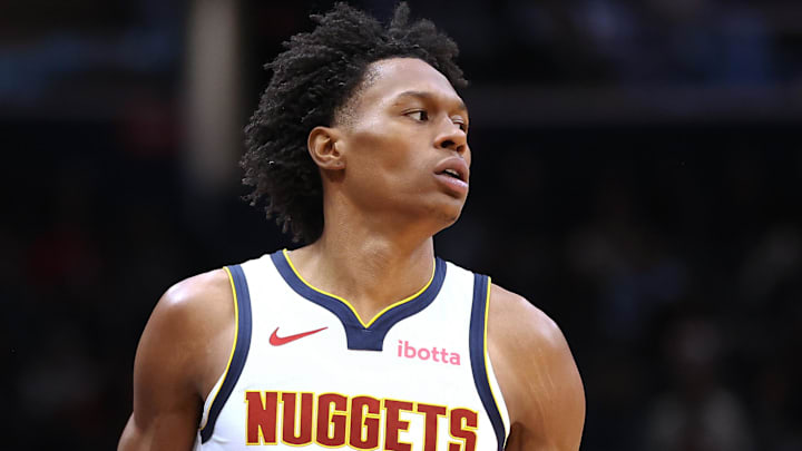 Jan 22, 2026; Washington, District of Columbia, USA; Denver Nuggets guard Peyton Watson (8) looks on during the second half against the Washington Wizards at Capital One Arena. Mandatory Credit: Daniel Kucin Jr.-Imagn Images