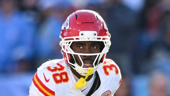 Dec 21, 2025; Nashville, Tennessee, USA;  Kansas City Chiefs cornerback Kevin Knowles (38) peaks into the backfield against the Tennessee Titans during the second half at Nissan Stadium. Mandatory Credit: Steve Roberts-Imagn Images