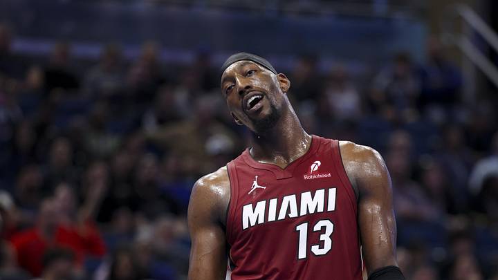 Miami Heat center Bam Adebayo (13) reacts (Mandatory Credit: Nathan Ray Seebeck-Imagn Images)