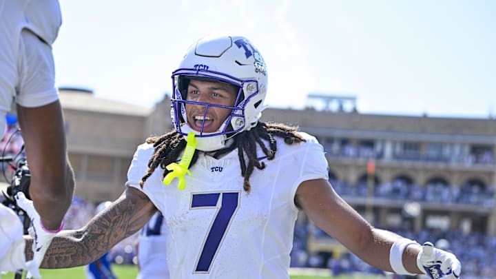 TCU Horned Frogs wide receiver Jordan Dwyer (7) celebrates during the game between the TCU Horned Frogs and the SMU Mustangs at Amon G. Carter Stadium. 