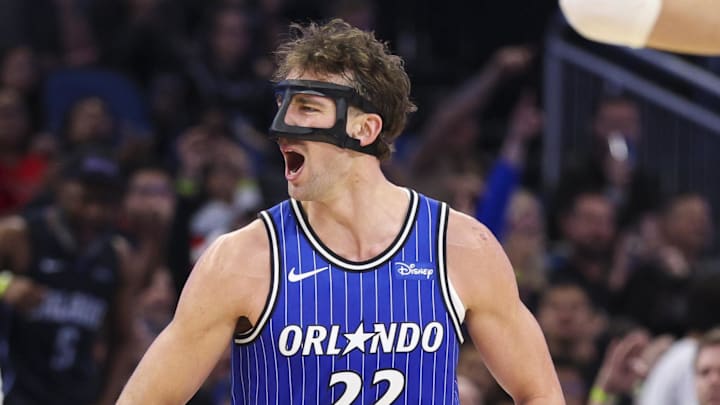 Dec 5, 2025; Orlando, Florida, USA; Orlando Magic forward Franz Wagner (22) reacts after a basket against the Miami Heat in the third quarter at Kia Center. Mandatory Credit: Nathan Ray Seebeck-Imagn Images