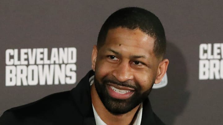 Cleveland Browns general manager Andrew Berry smiles as he discusses hiring Todd Monken.