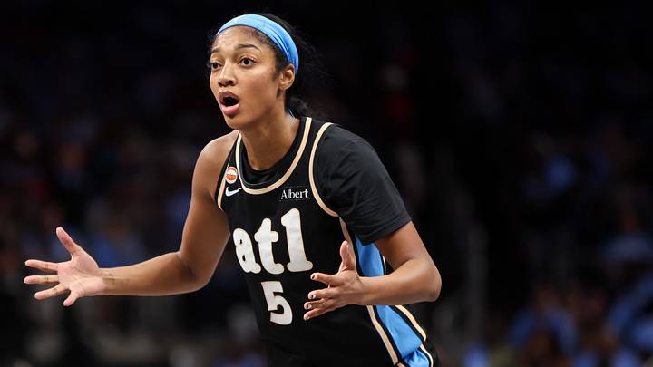Sep 27, 2026; Atlanta, Georgia, USA; Atlanta Dream forward Angel Reese (5) reacts to a call against the Washington Mystics in the second quarter during game one of the first round for the 2026 WNBA Playoffs at State Farm Arena. Mandatory Credit: Brett Davis-Imagn Images
