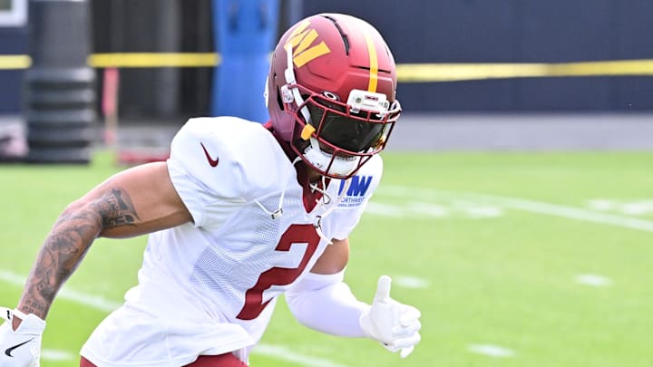Aug 6, 2025; Foxborough, MA, USA; Washington Commanders cornerback Marshon Lattimore (2) runs a route at training camp at Gillette Stadium. Mandatory Credit: Eric Canha-Imagn Images