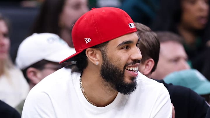 Oct 15, 2025; Boston, Massachusetts, USA; Boston Celtics forward Jayson Tatum (0) reacts during the first half against the Toronto Raptors at TD Garden. Mandatory Credit: Paul Rutherford-Imagn Images