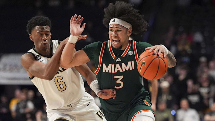 Jan 7, 2026; Winston-Salem, North Carolina, USA; Miami (FL) Hurricanes guard Tre Donaldson (3) brings the ball up court defended by Wake Forest Demon Deacons guard Myles Colvin (6) during the second half at Lawrence Joel Veterans Memorial Coliseum. Mandatory Credit: Jim Dedmon-Imagn Images Jan 7, 2026; Winston-Salem, North Carolina, USA; Miami (FL) Hurricanes guard Tre Donaldson (3) brings the ball up court defended by Wake Forest Demon Deacons guard Myles Colvin (6) during the second half at Lawrence Joel Veterans Memorial Coliseum. Mandatory Credit: Jim Dedmon-Imagn Images