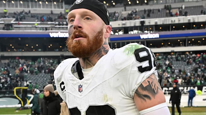 Dec 14, 2025; Philadelphia, Pennsylvania, USA; Las Vegas Raiders defensive end Maxx Crosby (98) on the field after loss to the Philadelphia Eagles at Lincoln Financial Field. Mandatory Credit: Eric Hartline-Imagn Images Dec 14, 2025; Philadelphia, Pennsylvania, USA; Las Vegas Raiders defensive end Maxx Crosby (98) on the field after loss to the Philadelphia Eagles at Lincoln Financial Field. Mandatory Credit: Eric Hartline-Imagn Images