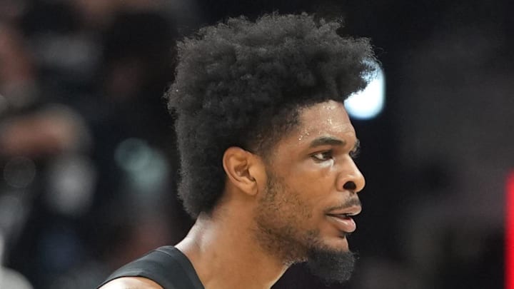 Portland Trail Blazers guard Scoot Henderson reacts after scoring a three point basket during the second half.
