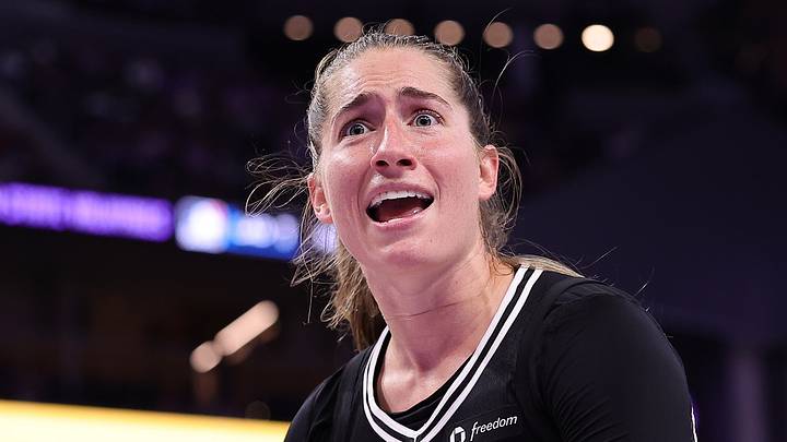 San Francisco, California, USA; Golden State Valkyries guard Kate Martin (20) reacts after a call during the third quarter against the New York Liberty at Chase Center on September 2, 2025 San Francisco, California, USA; Golden State Valkyries guard Kate Martin (20) reacts after a call during the third quarter against the New York Liberty at Chase Center on September 2, 2025