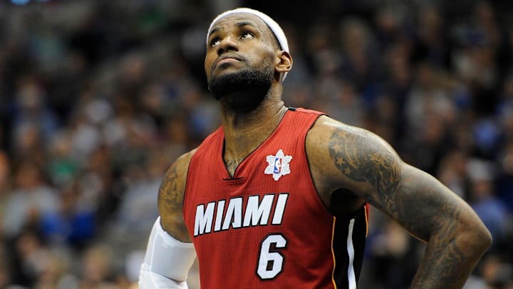 Dec 25, 2011; Dallas, TX, USA; Miami Heat small forward LeBron James (6) takes a break from facing the Dallas Mavericks during the fourth quarter at the American Airlines Center. The Heat defeated the Mavericks 105-94. Mandatory Credit: Jerome Miron-Imagn Images