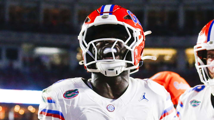 Nov 15, 2025; Oxford, Mississippi, USA; Florida Gators running back Jadan Baugh (13) celebrates with tight end Hayden Hansen (89) after rushing for a touchdown against the Mississippi Rebels during the second quarter at Vaught-Hemingway Stadium. Mandatory Credit: Petre Thomas-Imagn Images