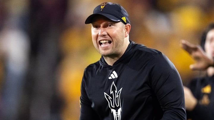 Nov 28, 2025; Tempe, Arizona, USA; Arizona State Sun Devils head coach Kenny Dillingham reacts against the Arizona Wildcats in the second half during the 99th Territorial Cup at Mountain America Stadium. Mandatory Credit: Mark J. Rebilas-Imagn Images