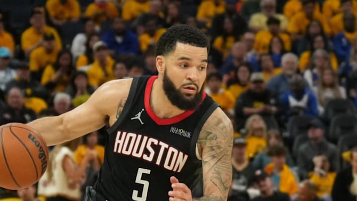 Apr 26, 2025; San Francisco, California, USA; Houston Rockets guard Fred VanVleet (5) dribbles against Golden State Warriors guard Brandin Podziemski (right) during the third quarter of game three of first round for the 2024 NBA Playoffs at Chase Center. Mandatory Credit: Darren Yamashita-Imagn Images Apr 26, 2025; San Francisco, California, USA; Houston Rockets guard Fred VanVleet (5) dribbles against Golden State Warriors guard Brandin Podziemski (right) during the third quarter of game three of first round for the 2024 NBA Playoffs at Chase Center. Mandatory Credit: Darren Yamashita-Imagn Images