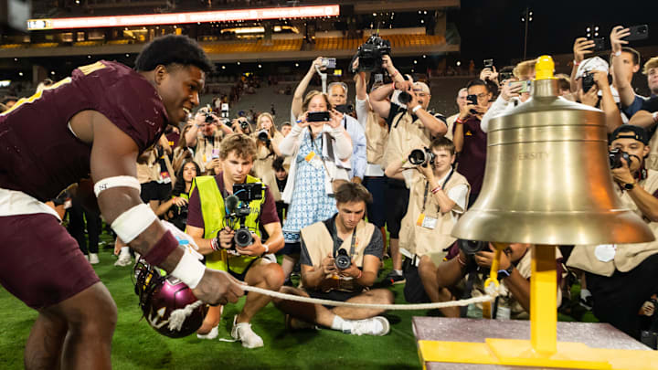 Sep 13, 2025; Tempe, Arizona, USA; Arizona State Sun Devils running back Raleek Brown (3) rings the victory bell after the game between Arizona State Sun Devils and Texas State Bobcats. Mandatory Credit: Arianna Grainey-Imagn Images