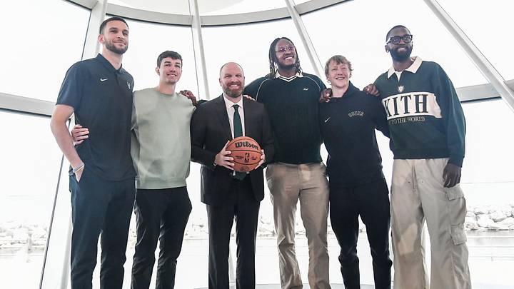 May 6, 2026; Milwaukee, WI, USA;  Milwaukee Bucks new head coach Taylor Jenkins poses with players at a press conference at the Milwaukee Art Museum. Mandatory Credit: Benny Sieu-Imagn Images