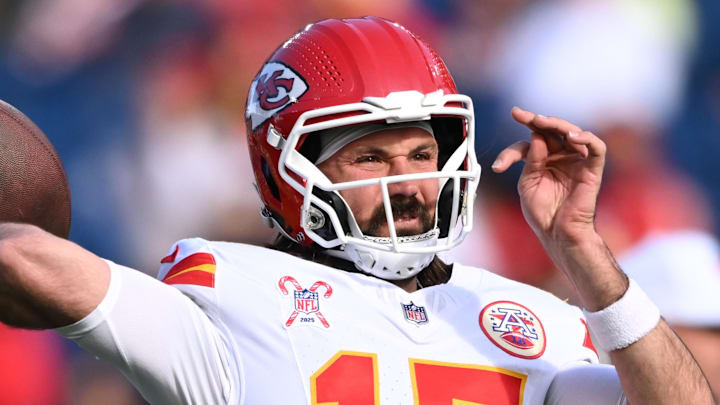 Dec 21, 2025; Nashville, Tennessee, USA; Kansas City Chiefs quarterback Gardner Minshew (17) warms up before a game against the Tennessee Titans at Nissan Stadium. Mandatory Credit: Steve Roberts-Imagn Images