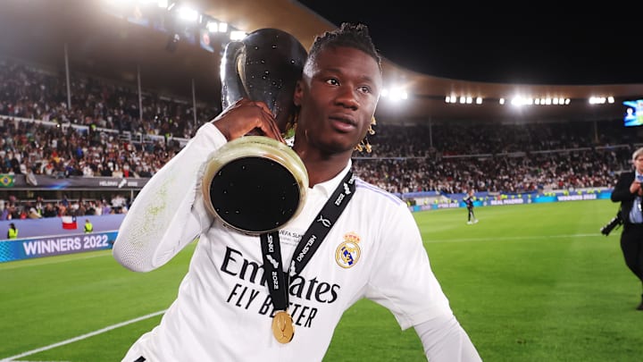 Eduardo Camavinga holding the UEFA Super Cup trophy after Real Madrid's 2-0 win over Eintracht Frankfurt Eduardo Camavinga holding the UEFA Super Cup trophy after Real Madrid's 2-0 win over Eintracht Frankfurt