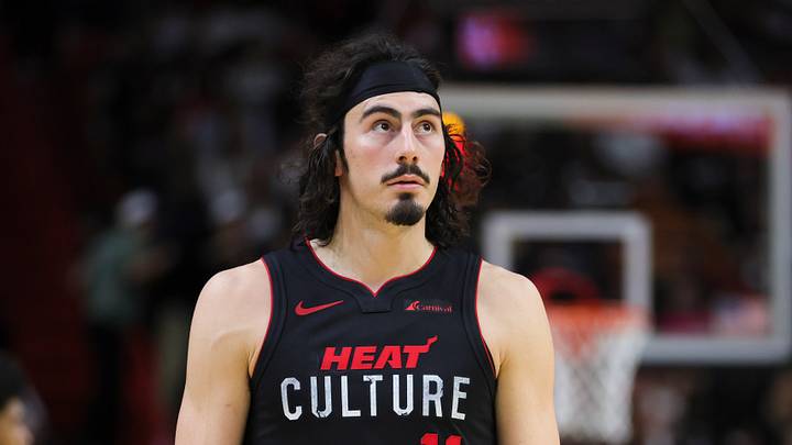 Miami Heat guard Jaime Jaquez Jr. (11) looks on against the Charlotte Hornets during the fourth quarter at Kaseya Center on December 13, 2023.