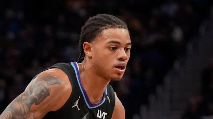 Nov 24, 2025; San Francisco, California, USA; Utah Jazz guard Keyonte George (3) dribbles the ball against the Golden State Warriors in the fourth quarter at the Chase Center. Mandatory Credit: Cary Edmondson-Imagn Images